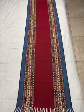 Peruvian Woven Red and Blue Table Runner with Geometric Trim